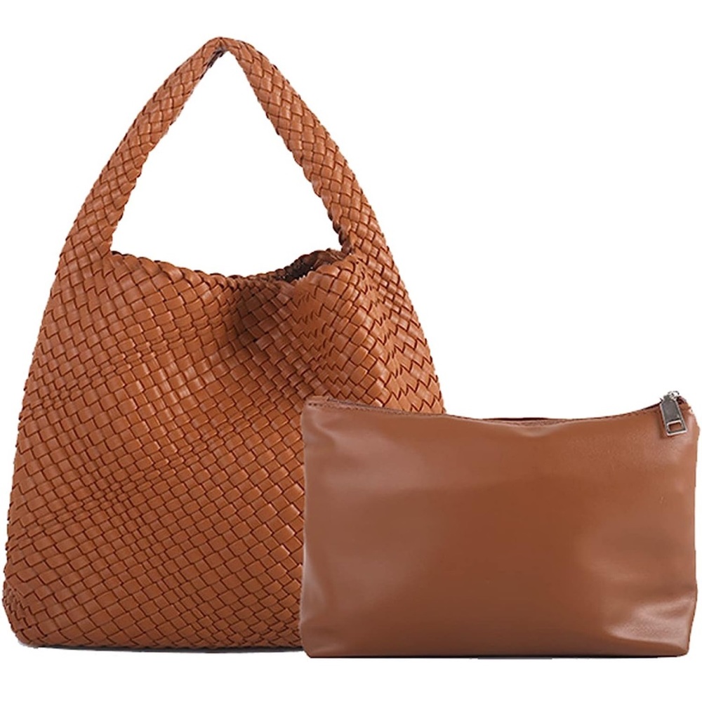 Vegan leather hand-woven tote handbag with small bag